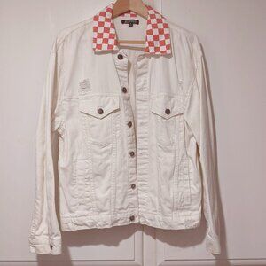 Elwood Off White Unisex Distressed Denim Red Checker Trucker Jean Jacket Size M